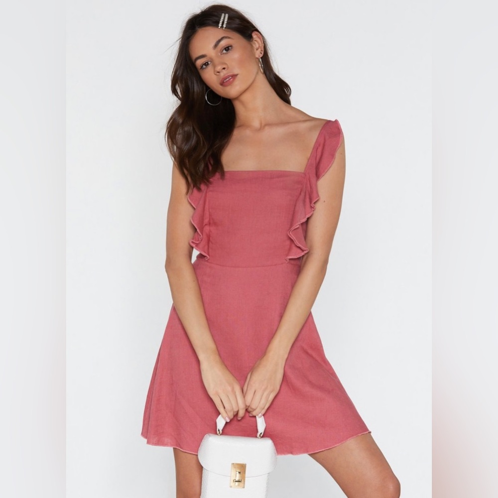 Nasty Gal Square Neck Frill Linen Mini Dress in Rose